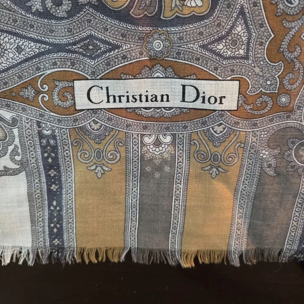 Vintage Christian Dior Paisley Scarf in Mustard, Gray & Cream Tones